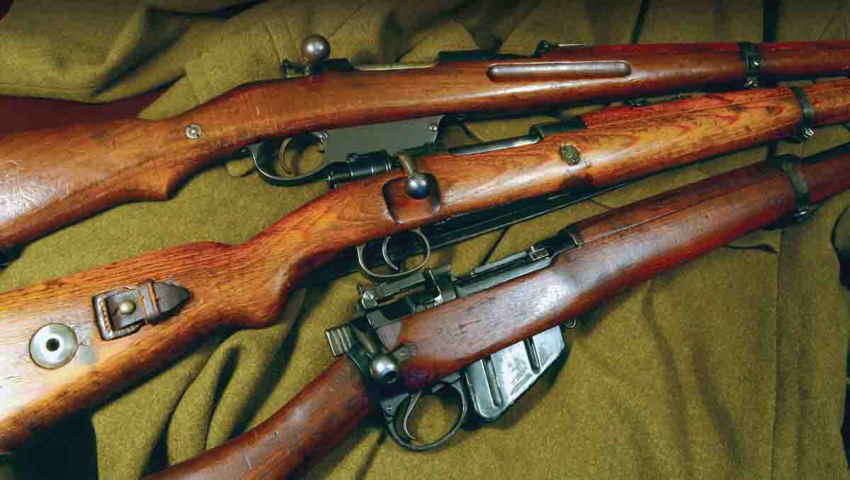 Military carbines include (top to bottom): the Mannlicher M95 Stutzen, Mauser G33/40 and Lee-Enfield No. 5 Mk I.